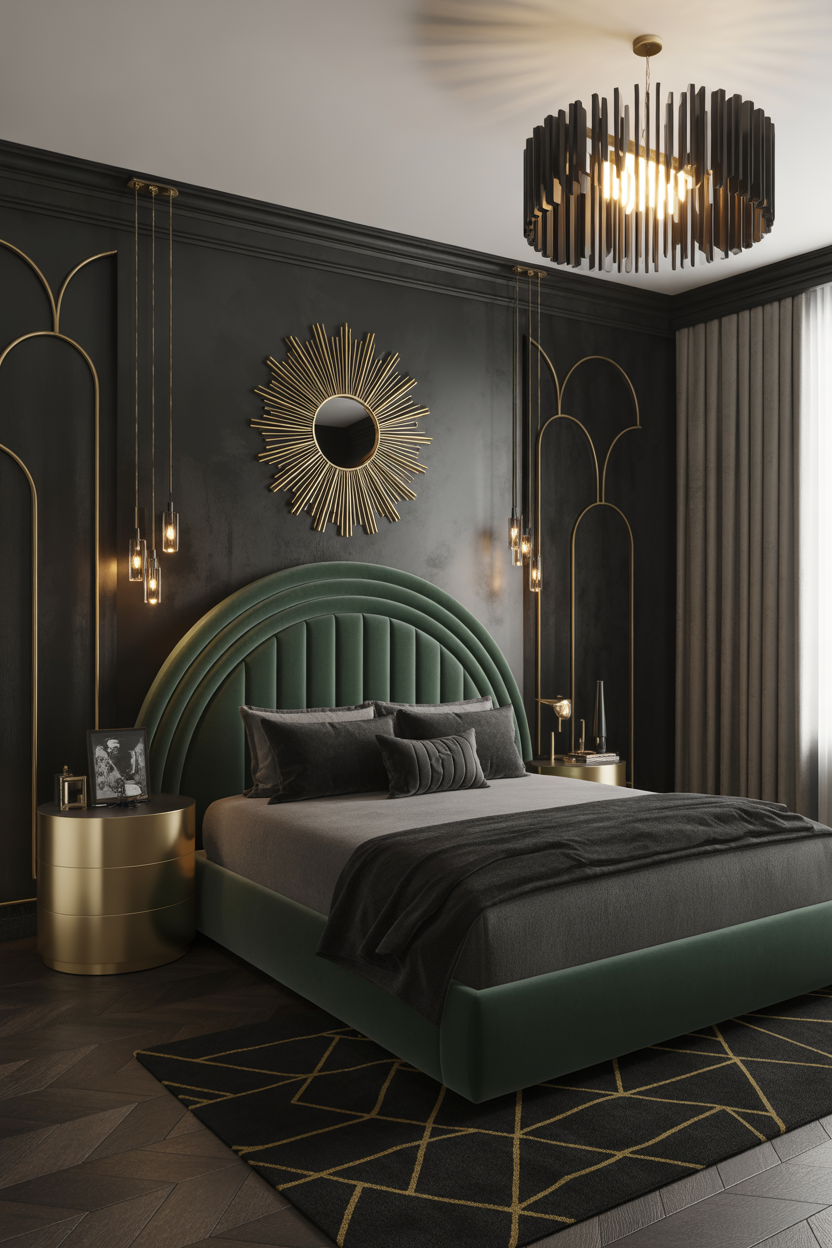 Art Deco black bedroom with lacquer walls and curved furniture for glamorous grown women