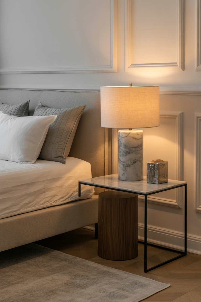 Bedroom with mismatched asymmetrical nightstands in wood and marble — grown woman designer bedroom idea