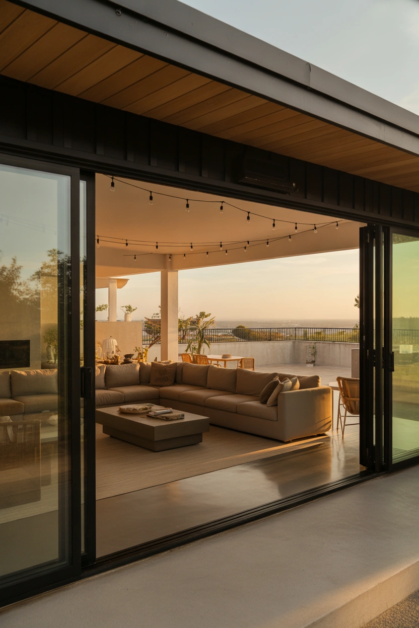 Black frame sliding patio door in master bedroom opening to private garden courtyard for luxury indoor outdoor living