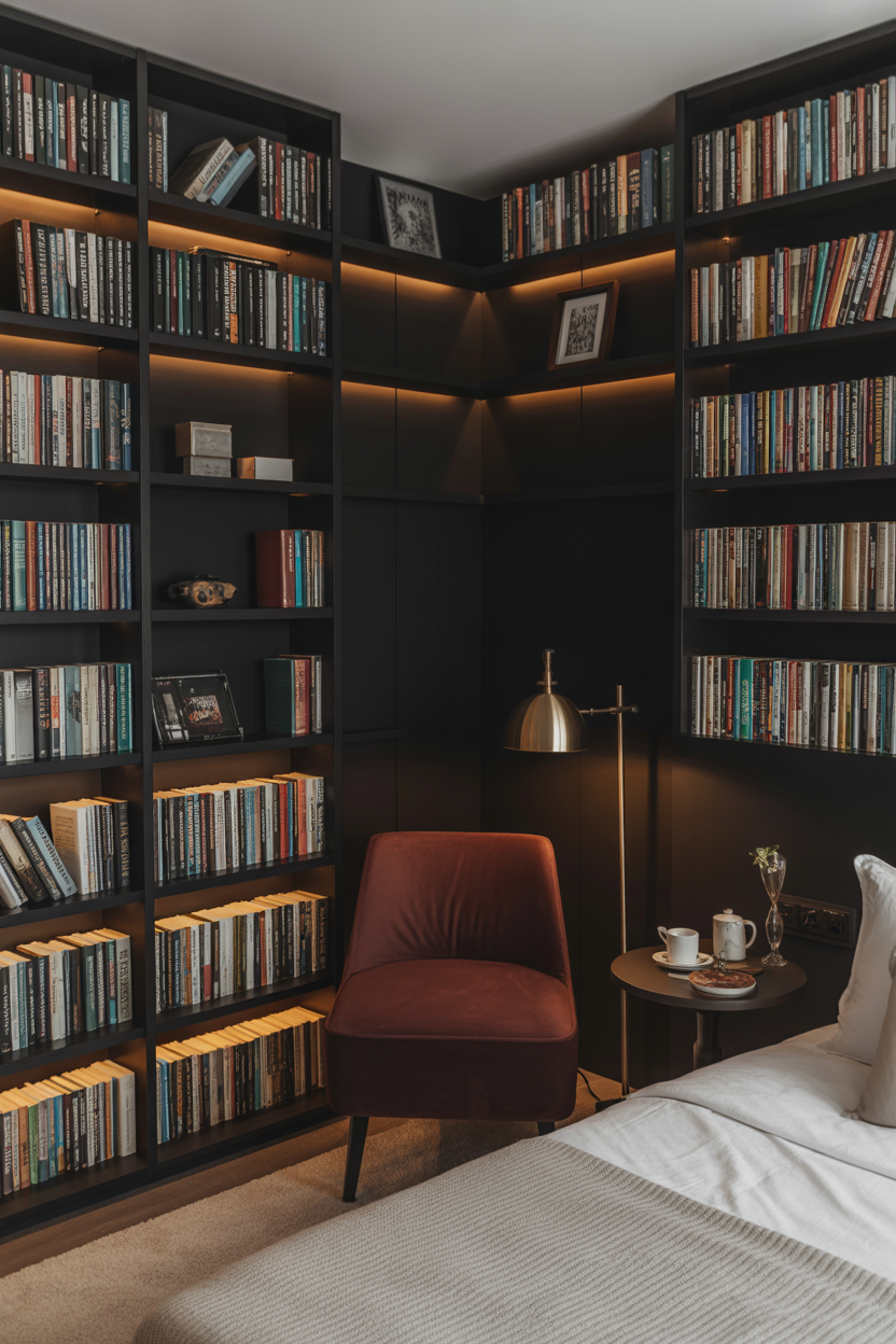 Black bedroom with built-in bookshelves and a reading nook perfect for book-loving grown women