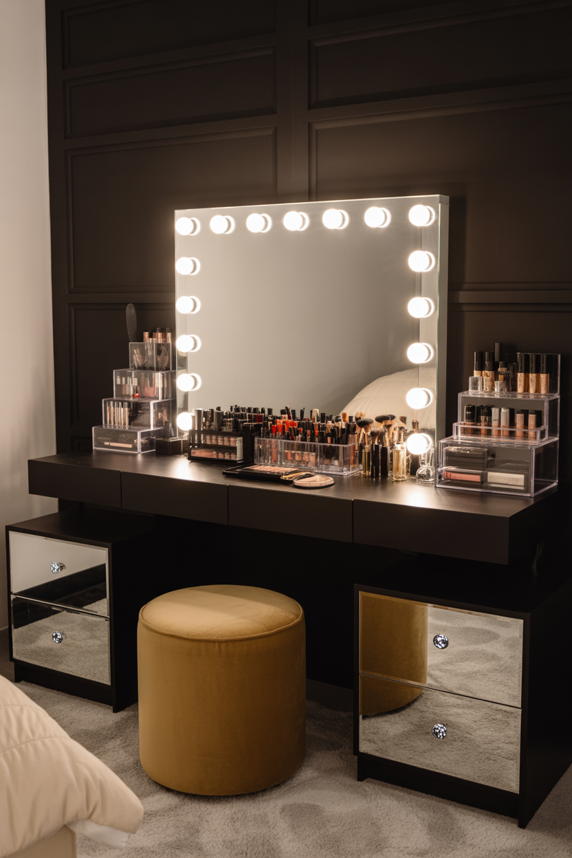 Glamorous black bedroom with integrated vanity and dressing area for sophisticated grown women