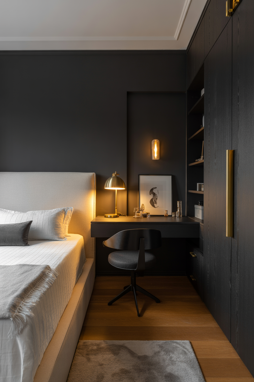 Sophisticated black bedroom with home office area featuring matte black accent wall and floating desk for grown women