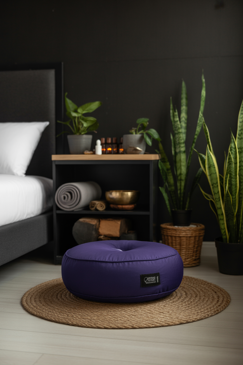 Black bedroom with meditation corner and wellness area for self-care-focused grown women