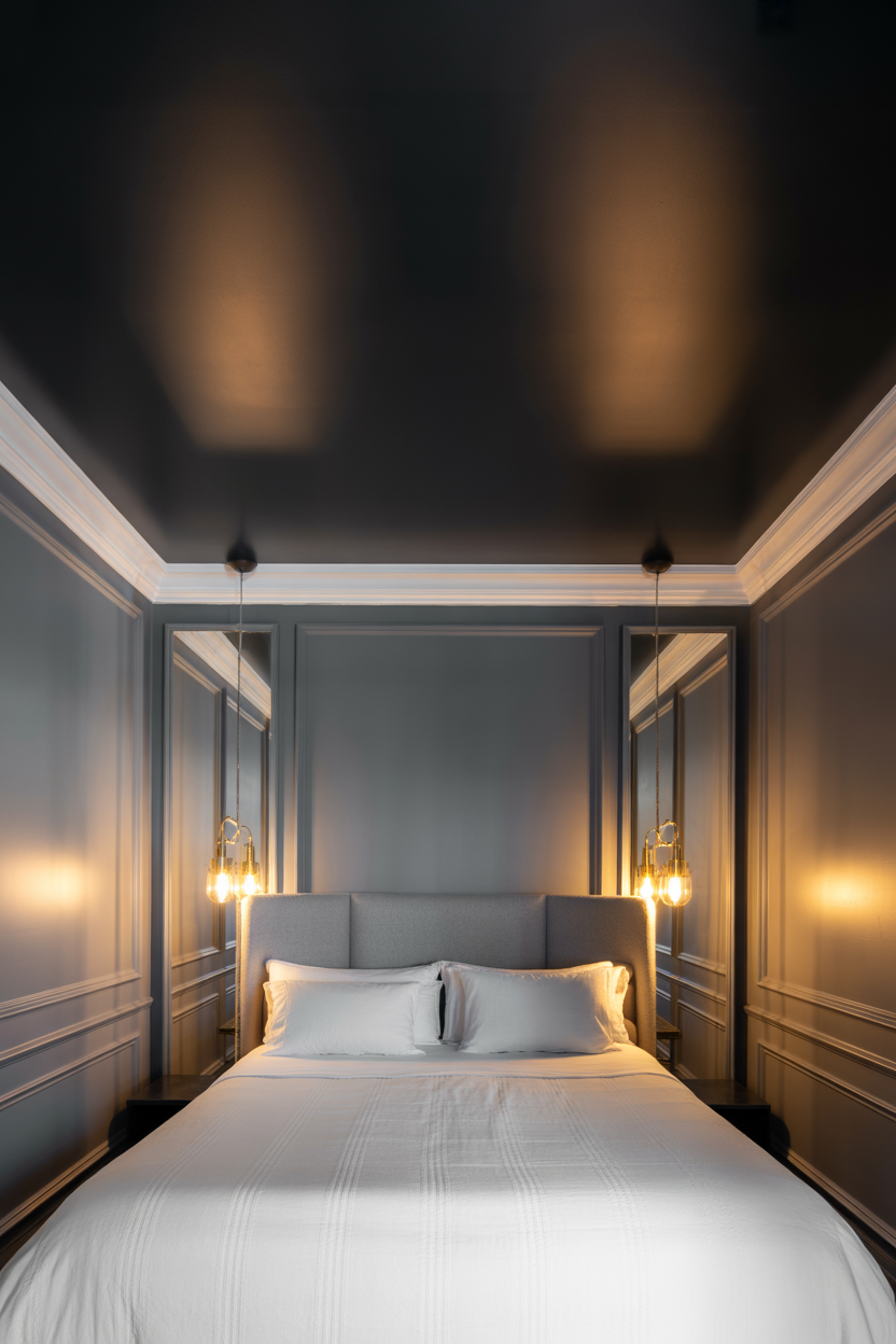 Dramatic black ceiling bedroom with grey walls creating intimate cocoon effect for grown women