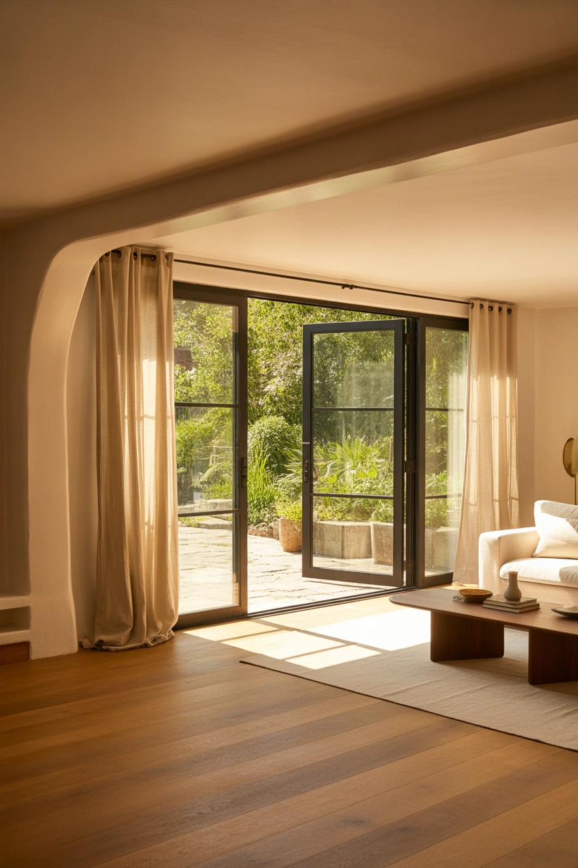 Floor-to-ceiling black frame sliding glass patio door opening to green garden from modern white living room