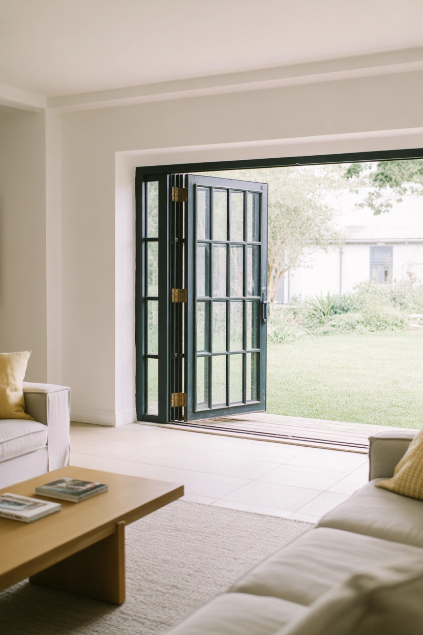 Black frame sliding patio door in a bright modern living room with white walls and oak floors opening to a garden