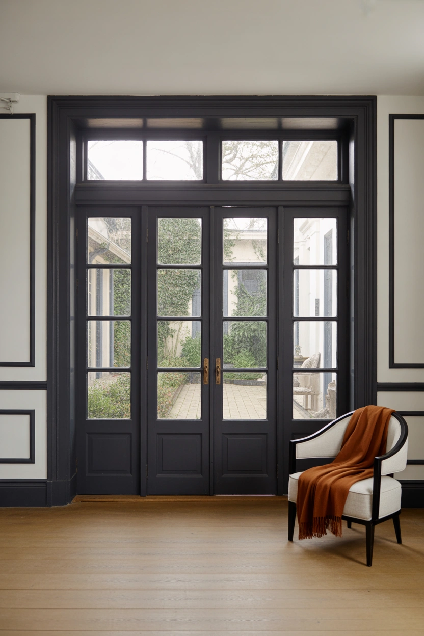 Black French patio doors with transom window above in white and oak modern traditional interior
