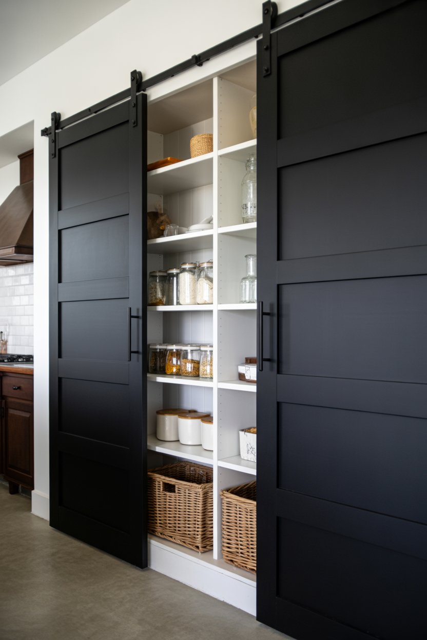 Modern rustic farmhouse pantry with black iron sliding barn door and white interior shelving with glass jars and rattan baskets