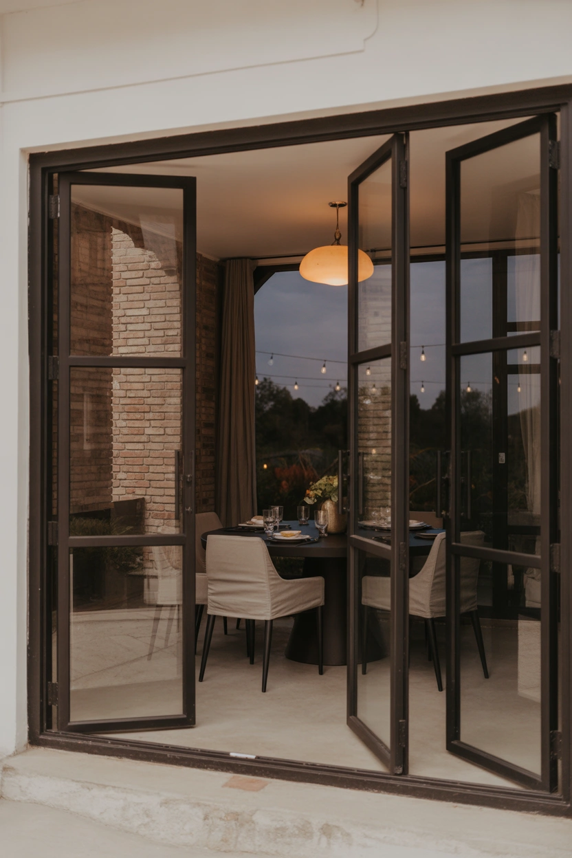 Black steel French glass patio doors with floor-to-ceiling panes in an industrial-modern dining room