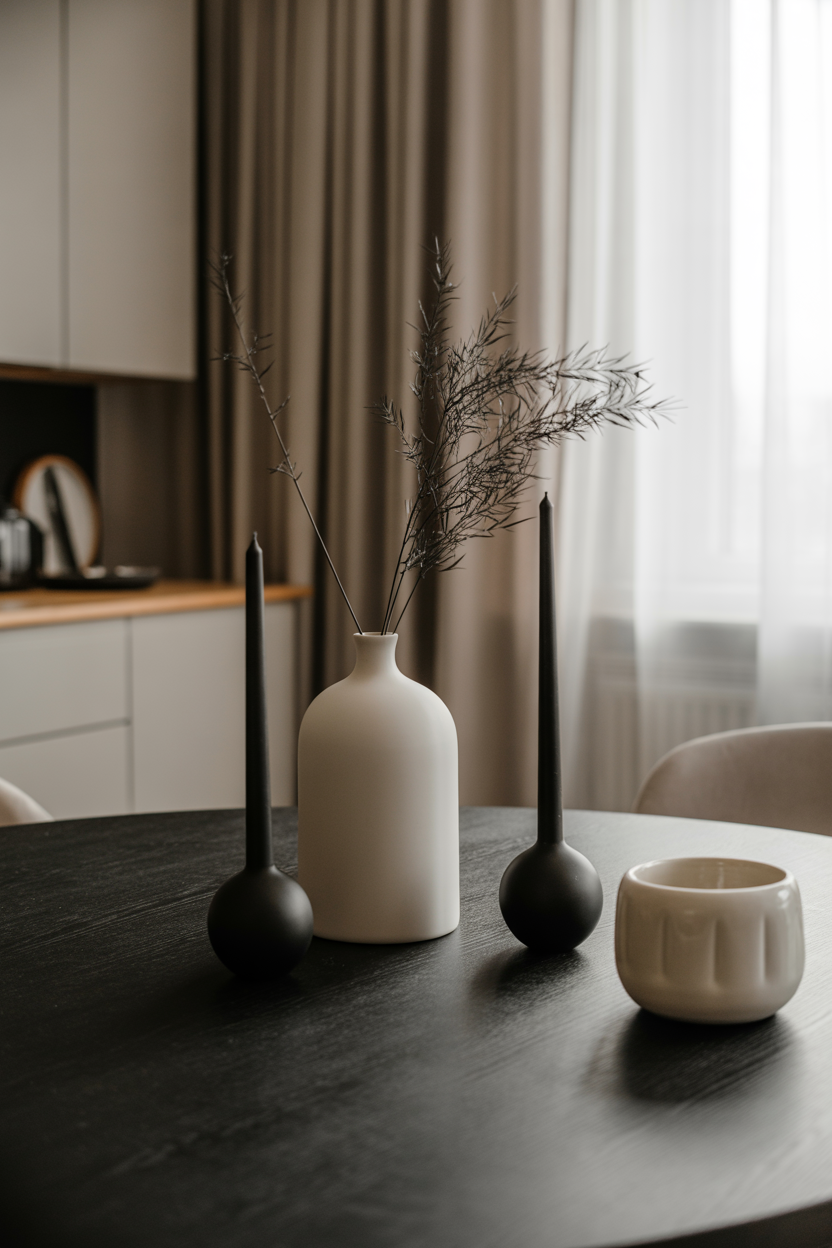 Minimal black and white kitchen table centerpiece in modern luxury interior style