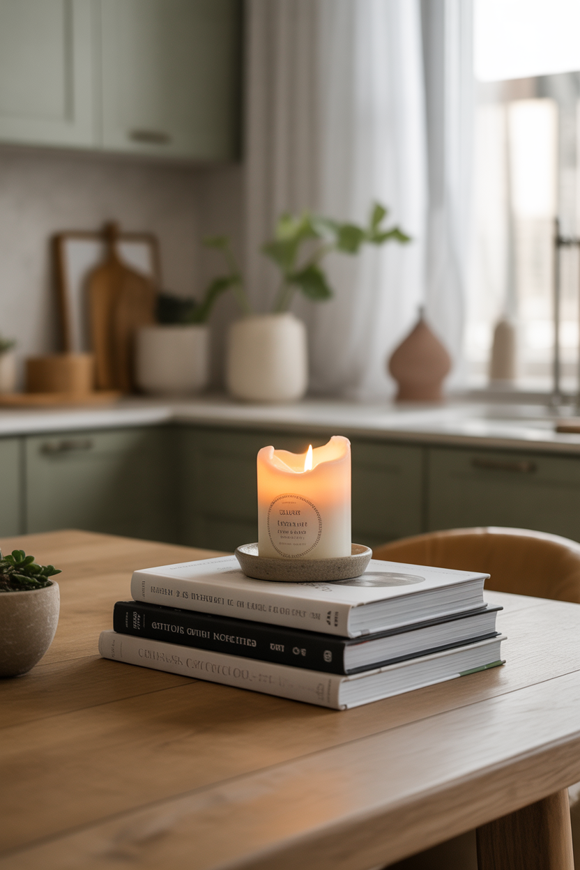 Stylish kitchen table centerpiece with stacked books and a candle in a modern luxury home