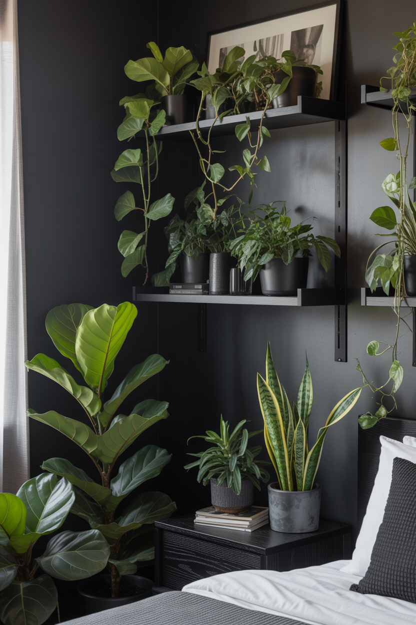 Black bedroom with indoor plants and botanical gallery aesthetic for plant-loving grown women