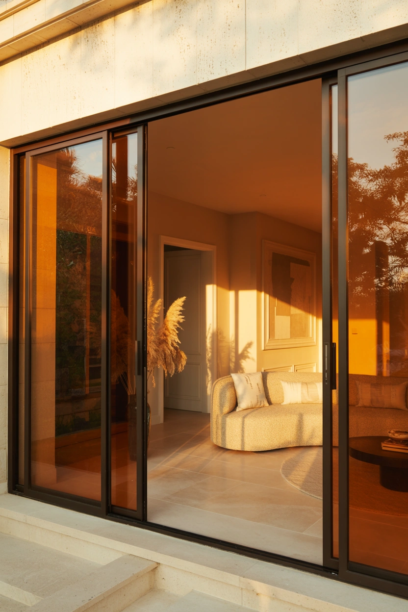 Bronze-tinted glass sliding patio door casting warm golden light in luxurious cream stone living room