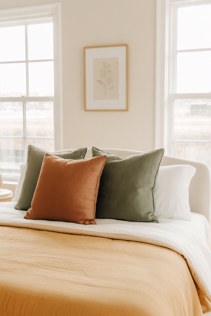 Budget bedroom refresh with linen duvet, textured pillows, and framed art — affordable grown woman bedroom glow-up idea
