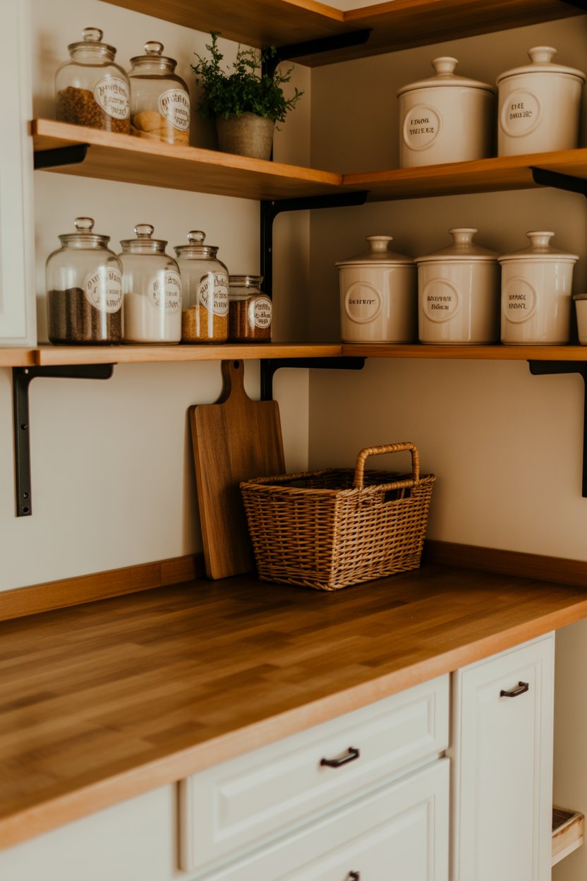 Rustic butcher block countertop farmhouse pantry station with open wooden shelving and ceramic canisters above