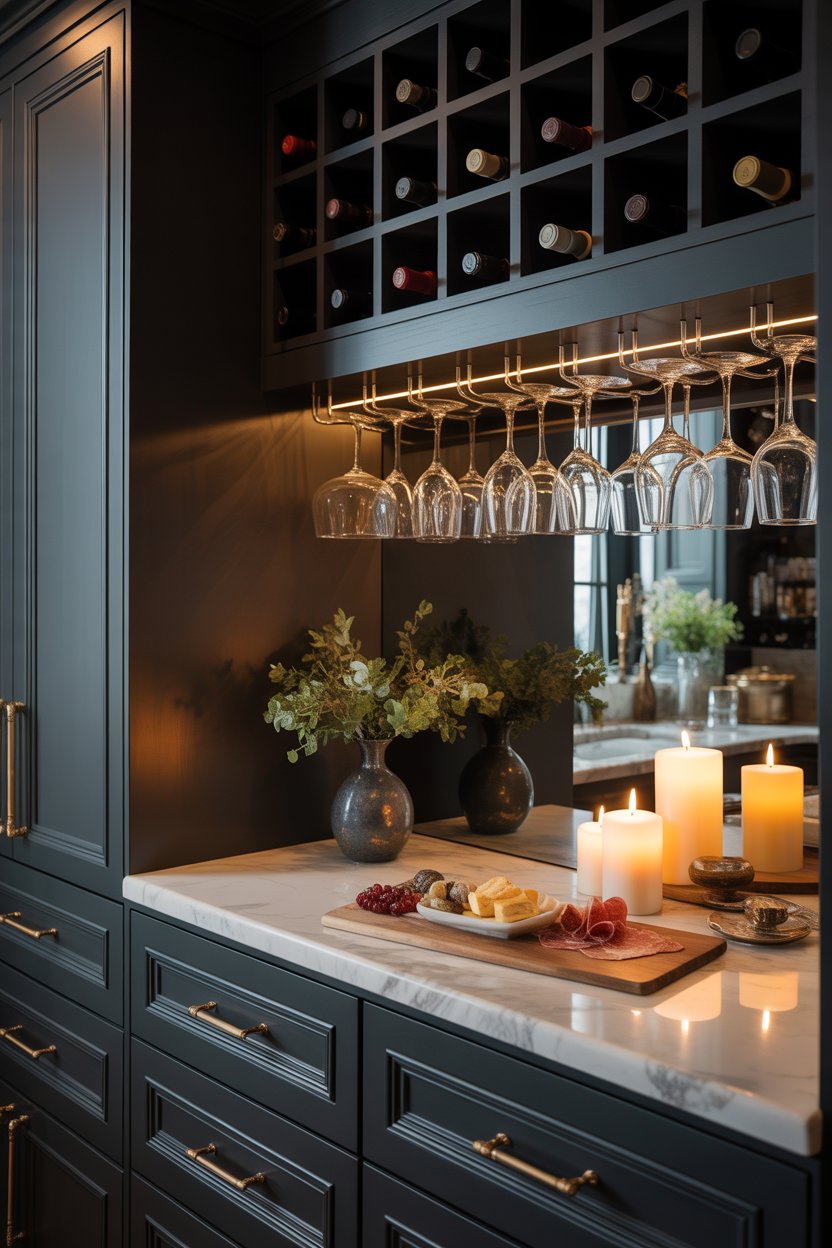 Elegant butler's pantry corner featuring wine storage and hanging stemware racks