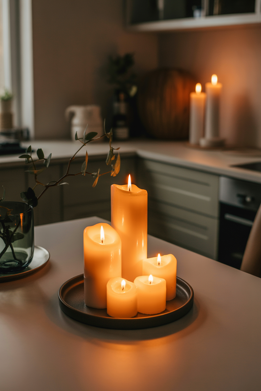 Elegant kitchen table centerpiece with candle cluster creating warm, cozy luxury atmosphere