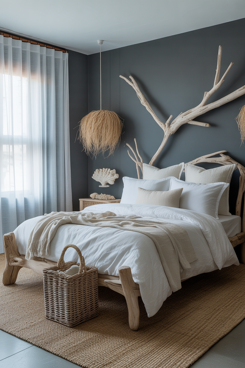 Coastal noir bedroom with charcoal walls and driftwood furniture for refined grown women