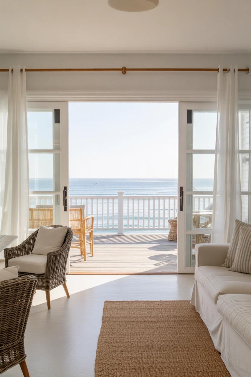 White frame sliding glass patio door in coastal living room opening to ocean view deck with rattan furniture and white sheers