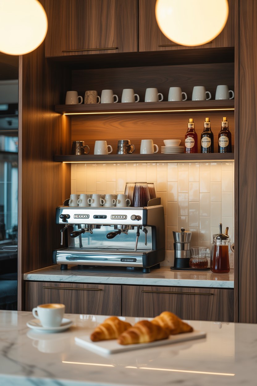 Corner coffee and beverage station with built-in appliance garage and organized storage