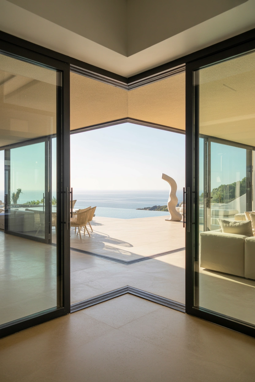 Corner glass patio door system with frameless glass corner opening to ocean view wraparound terrace