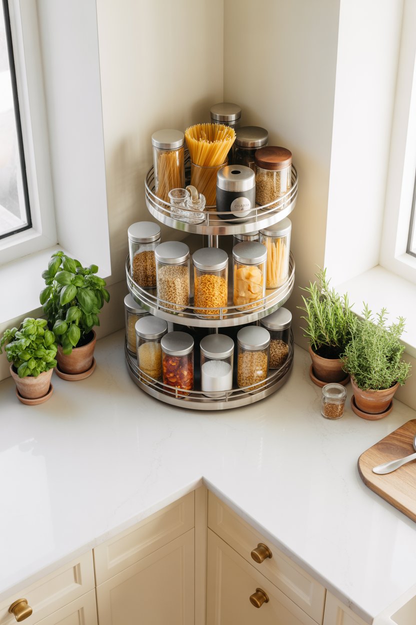 Triple-tier lazy susan corner pantry organization system with clear containers in modern white kitchen