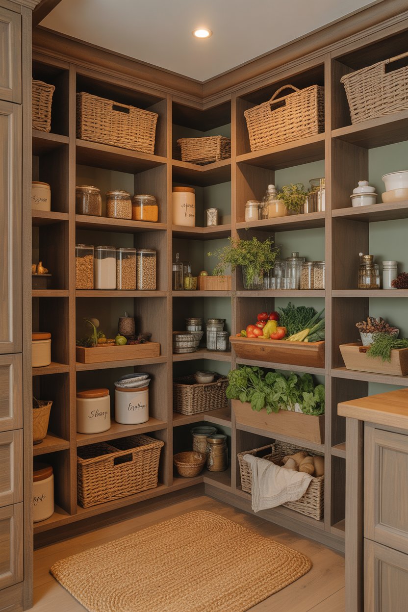 Spacious corner walk-in pantry featuring wraparound L-shaped shelving with organized storage