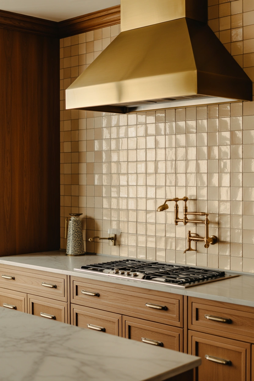 Handmade cream zellige tile backsplash with honey oak cabinets and hammered brass hardware in a sophisticated, luxurious kitchen
