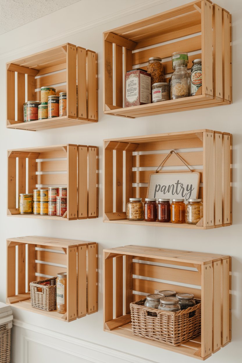 DIY reclaimed wood crate shelving on a rustic farmhouse pantry wall with mason jars and canned goods for budget pantry makeover