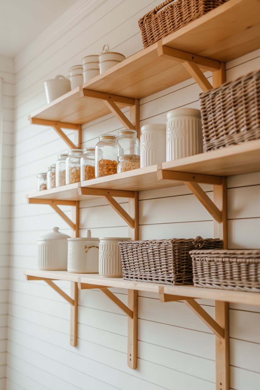 DIY rustic shiplap pantry wall with open wooden shelving, mason jars, and woven baskets — farmhouse pantry makeover on a budget
