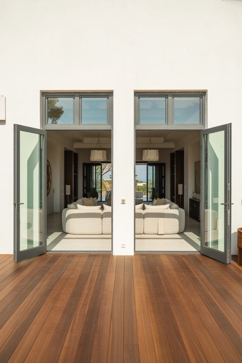 Double pivot glass patio doors with sidelights open to an infinity pool in a luxury living room