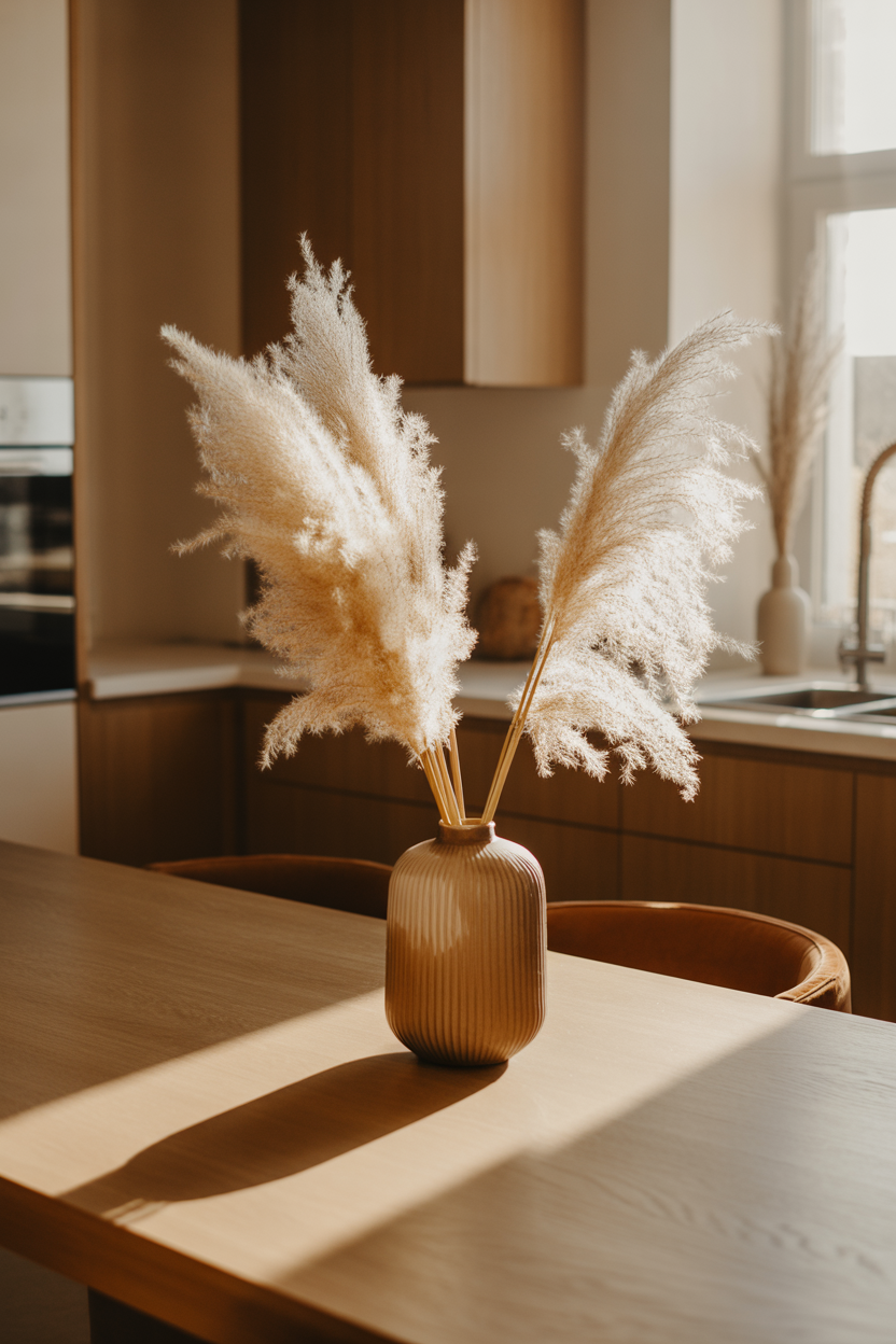 Elegant kitchen table centerpiece with dried pampas grass in warm luxury, earthy tones