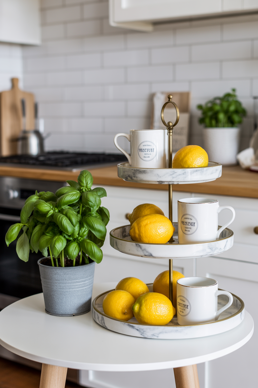 Functional and decorative small kitchen table centerpiece with a tiered tray
