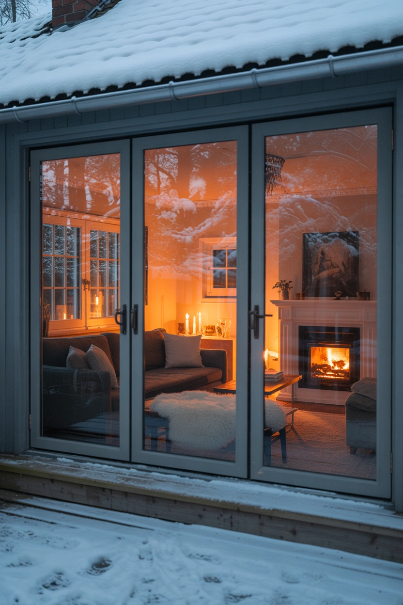 Energy-efficient thermally broken bi-fold glass patio door in cozy Scandinavian living room in winter