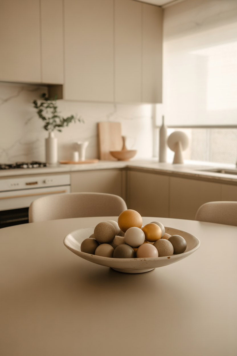 Modern kitchen table centerpiece with neutral bowl and decorative orbs in luxury minimal style