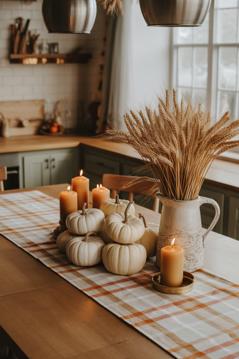 Cozy fall farmhouse centerpiece with pumpkins and plaid runner on kitchen table