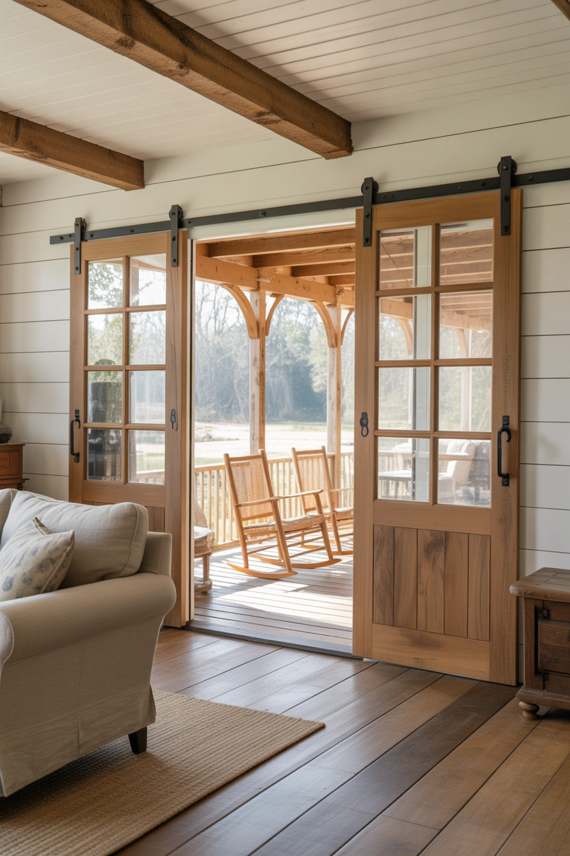 Barn-style sliding glass patio door with exposed iron track and wood frame in farmhouse living room with shiplap walls