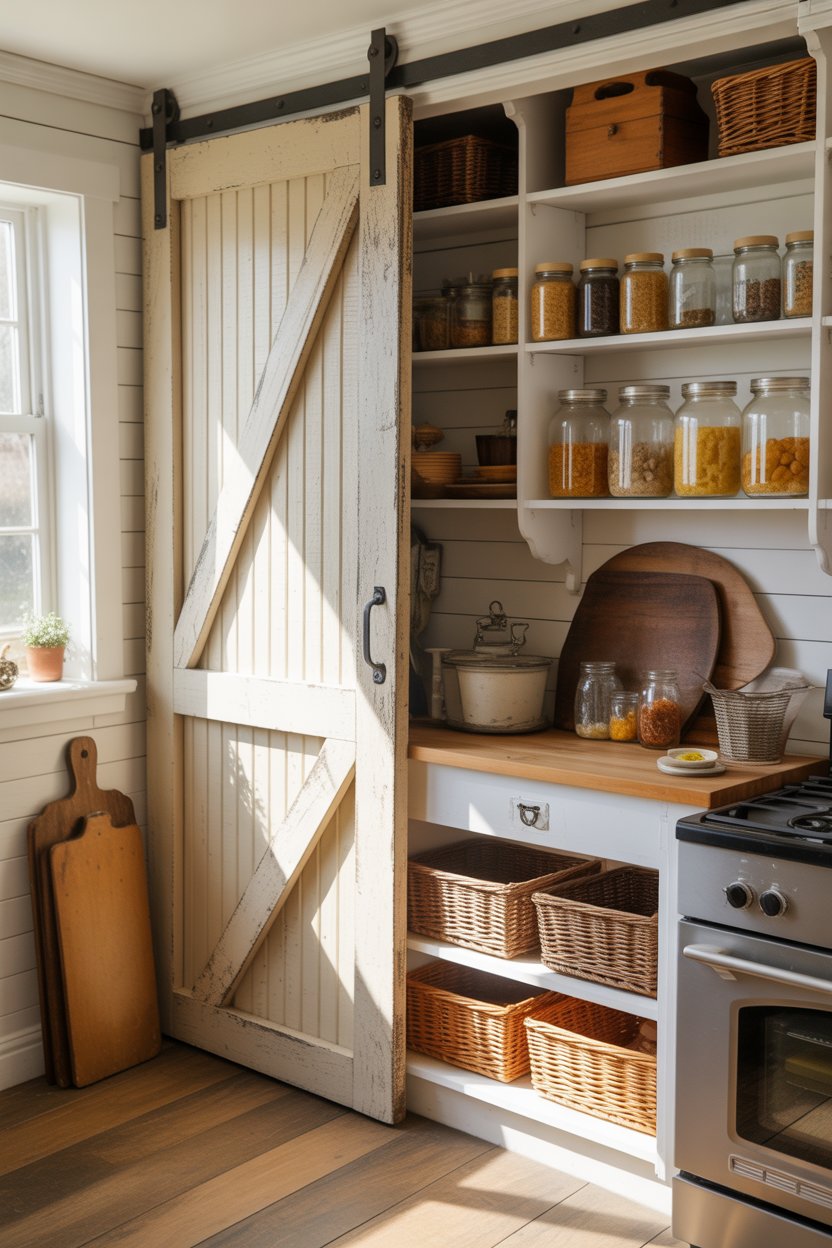 Farmhouse-style corner pantry with rustic sliding barn door and organized shelving