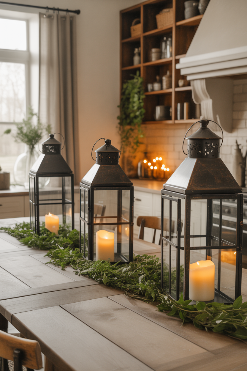 Cozy luxury kitchen table centerpiece with farmhouse lanterns and warm lighting
