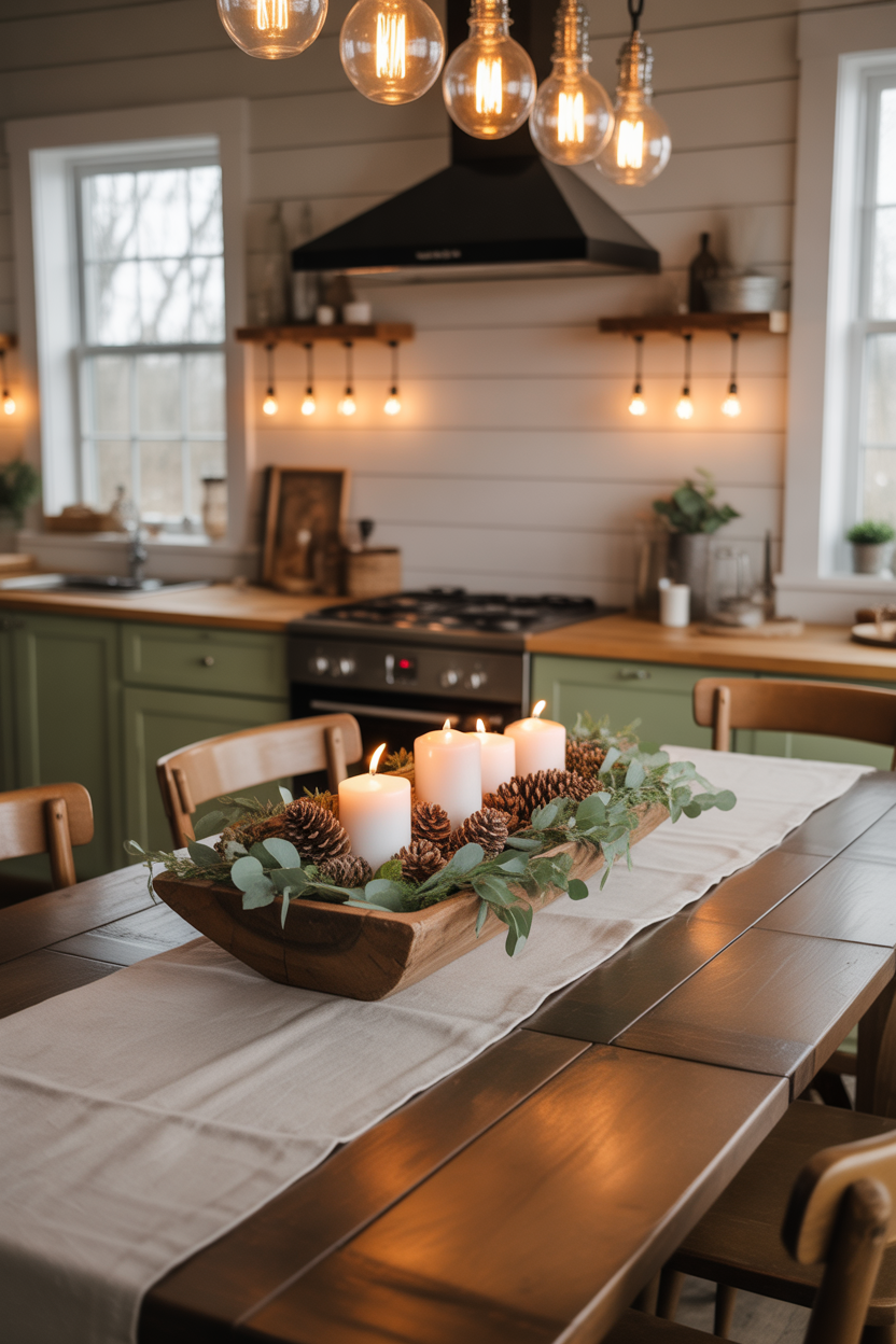 Rustic farmhouse centerpiece with wooden bowl and natural elements on rectangle table
