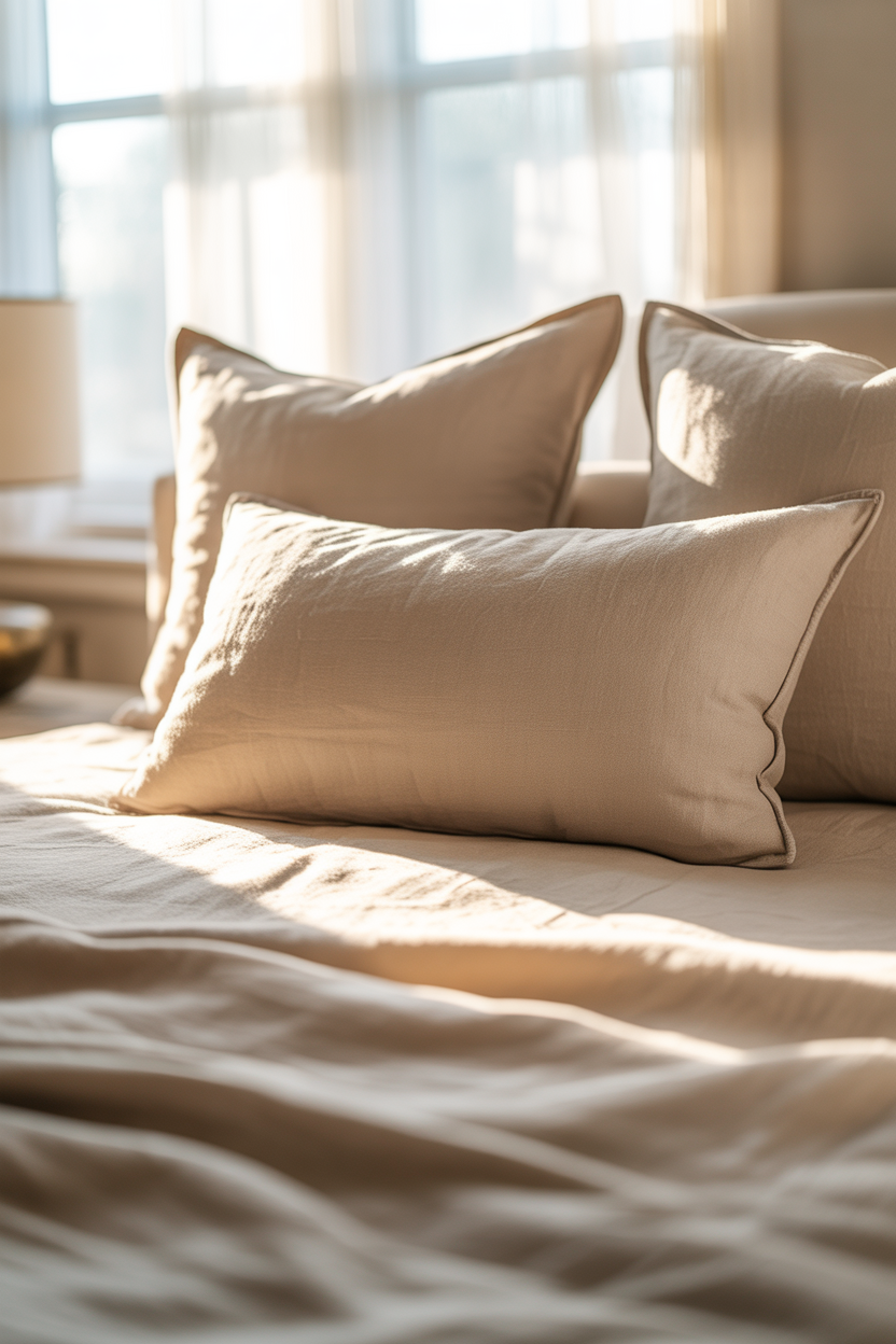 Neatly styled bed with five pillow arrangement including euro shams and lumbar pillow — grown woman bedroom idea