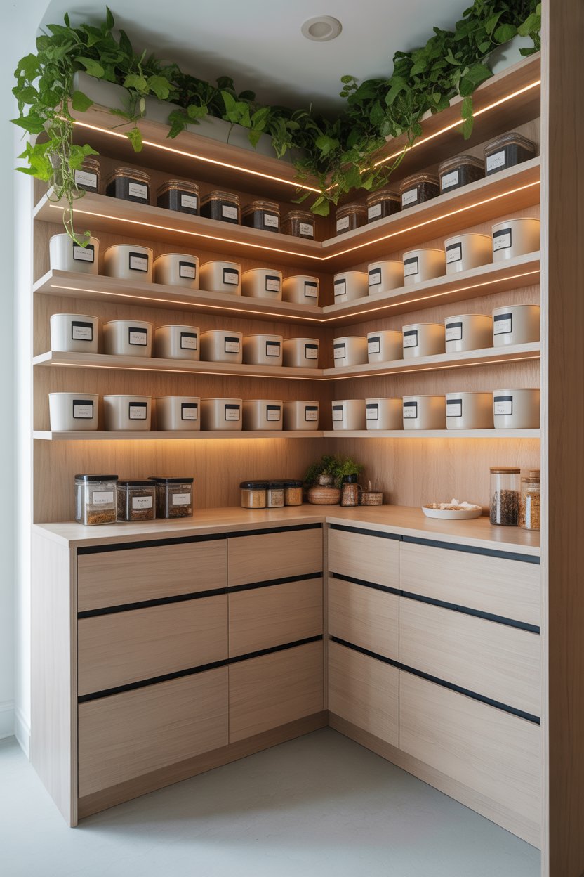 Modern floor-to-ceiling corner pantry shelving with LED strip lighting and organized storage containersModern floor-to-ceiling corner pantry shelving with LED strip lighting and organized storage containers