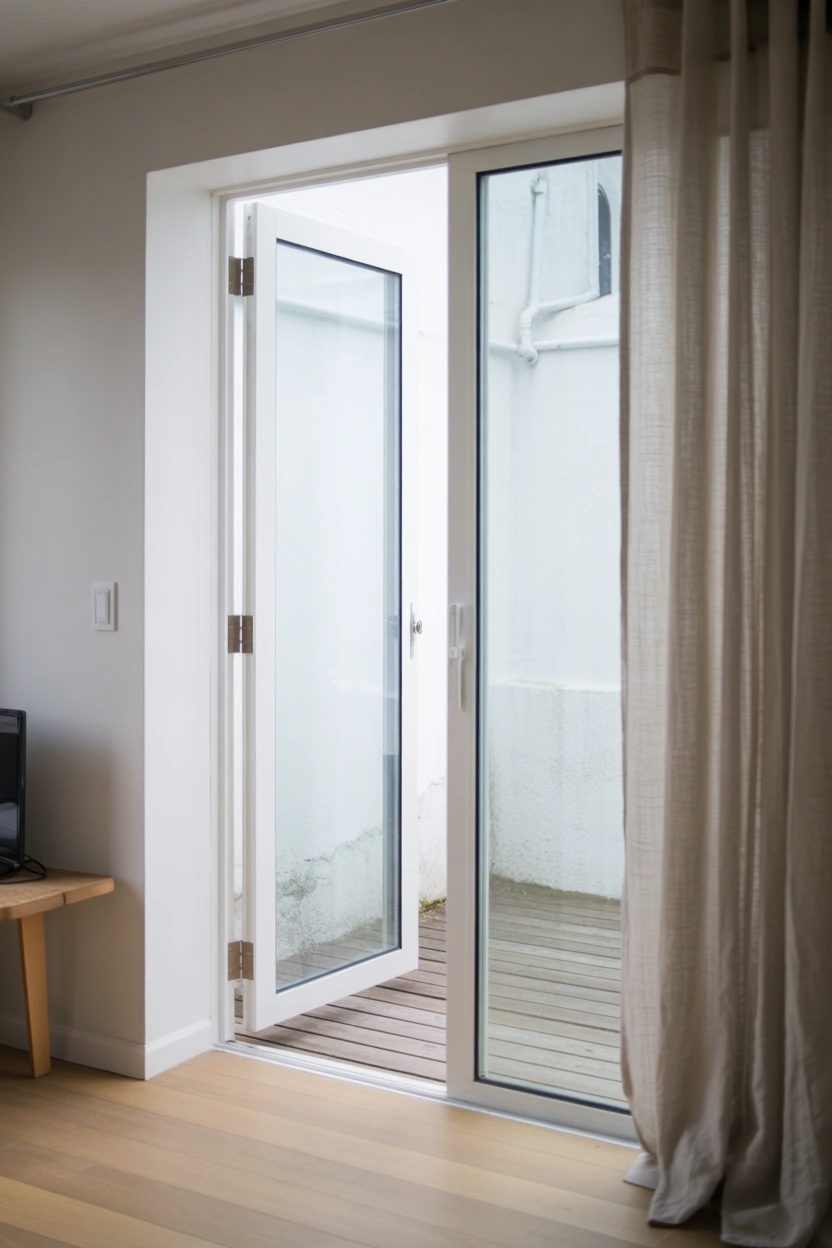 Frameless sliding glass patio door in minimalist modern home with white walls and oak flooring