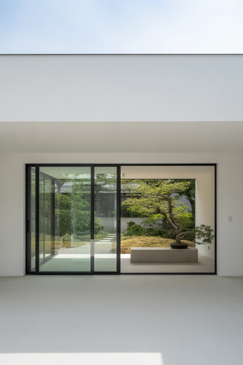 Frameless slim-profile sliding glass patio door with unobstructed garden view in ultra-modern interior