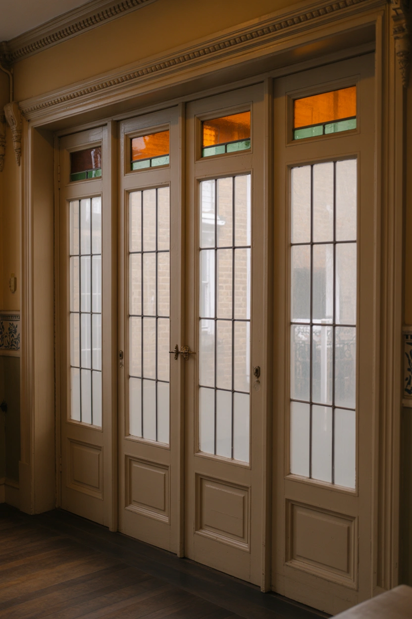 White French patio doors with amber and green stained glass insets, casting colored light in a Victorian home