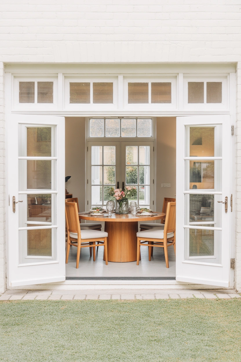 White French patio doors with sidelights in bright dining room overlooking garden