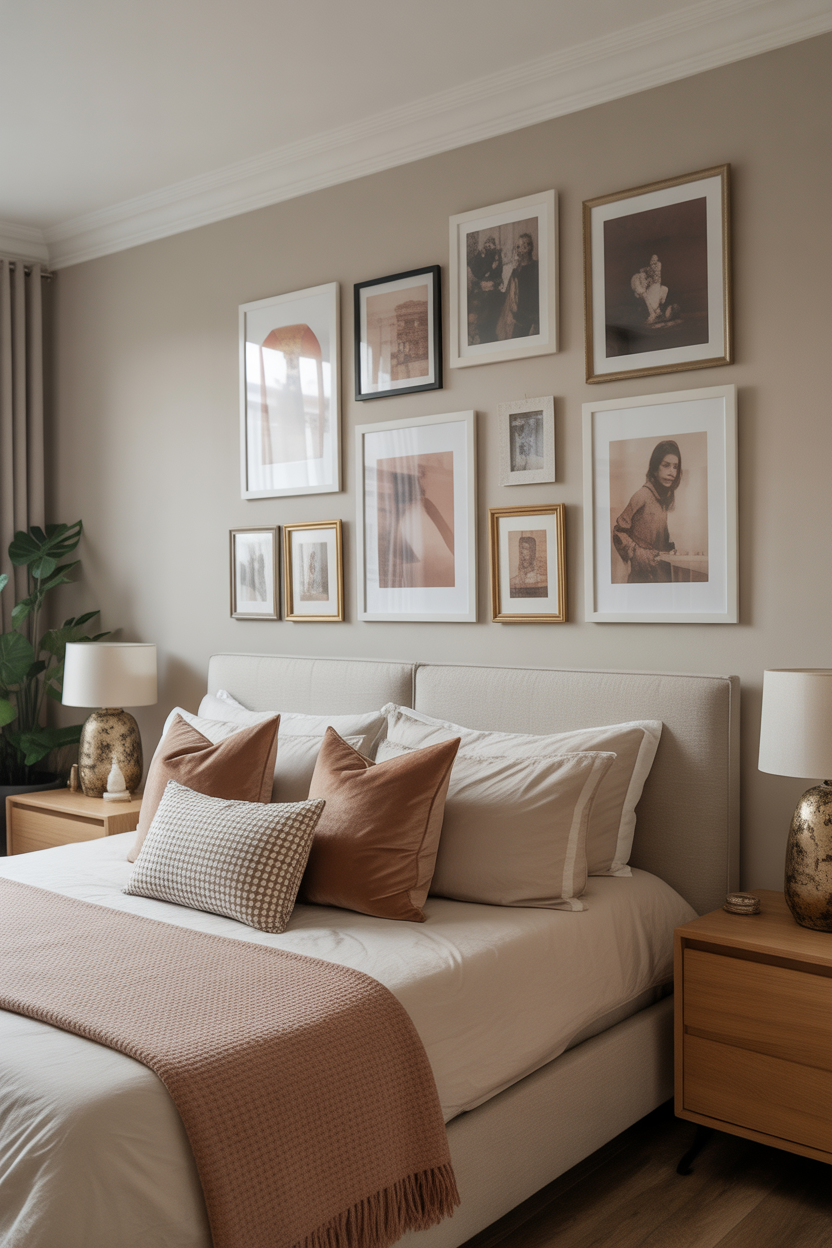 Curated gallery wall with mixed art prints and personal photos in bedroom — grown woman personal style idea