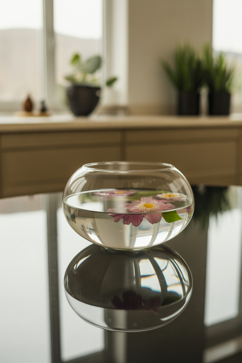Elegant kitchen table centerpiece with glass bowl and floating flowers in luxury modern style