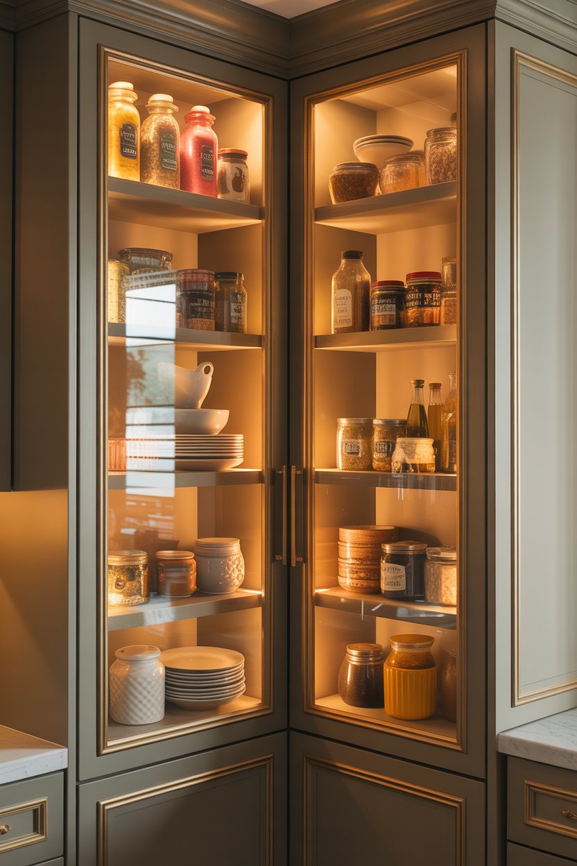 Elegant glass-front corner pantry cabinet with LED backlighting and organized storage containers