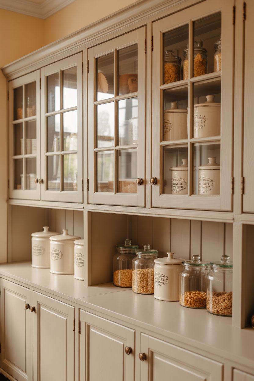 Glass-front rustic farmhouse pantry cabinet with ceramic canisters and glass jars for vintage country kitchen storage